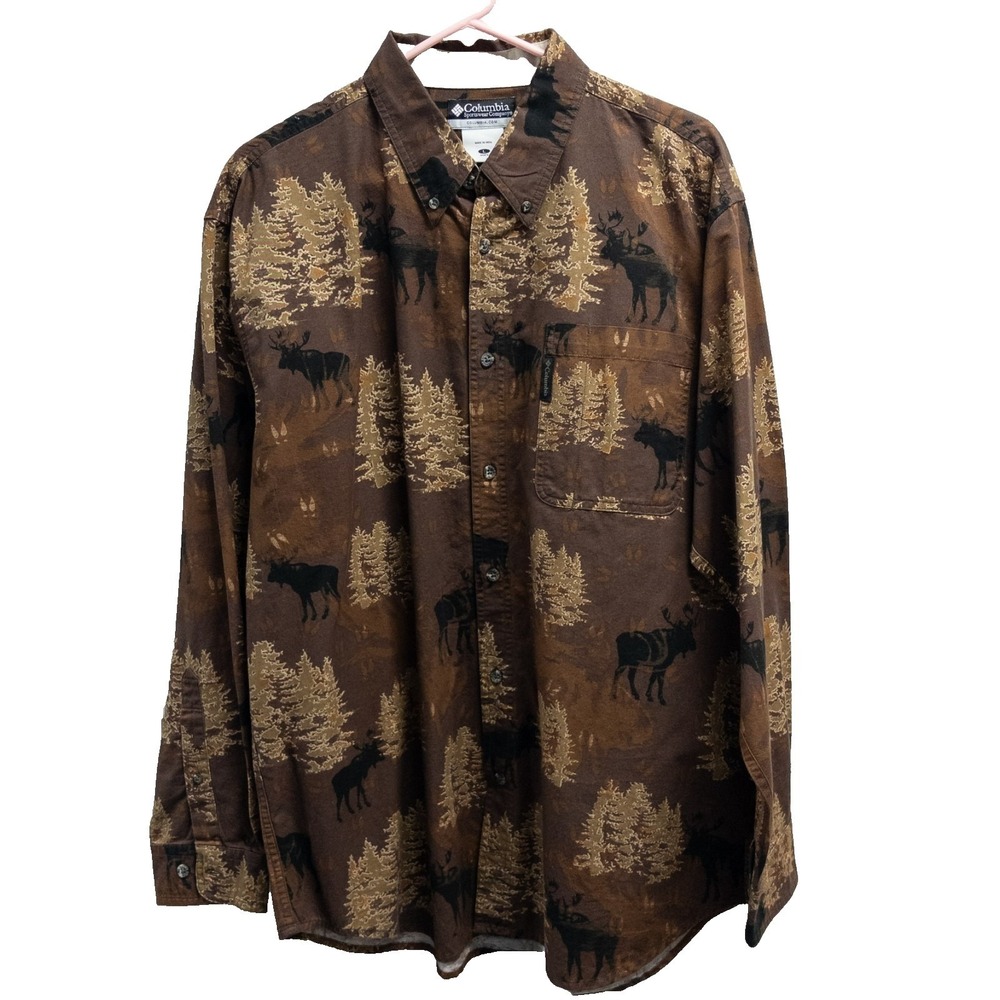 Columbia Button Down Shirt Mens Large Brown Moose Forest Print Long Sleeve Cabin